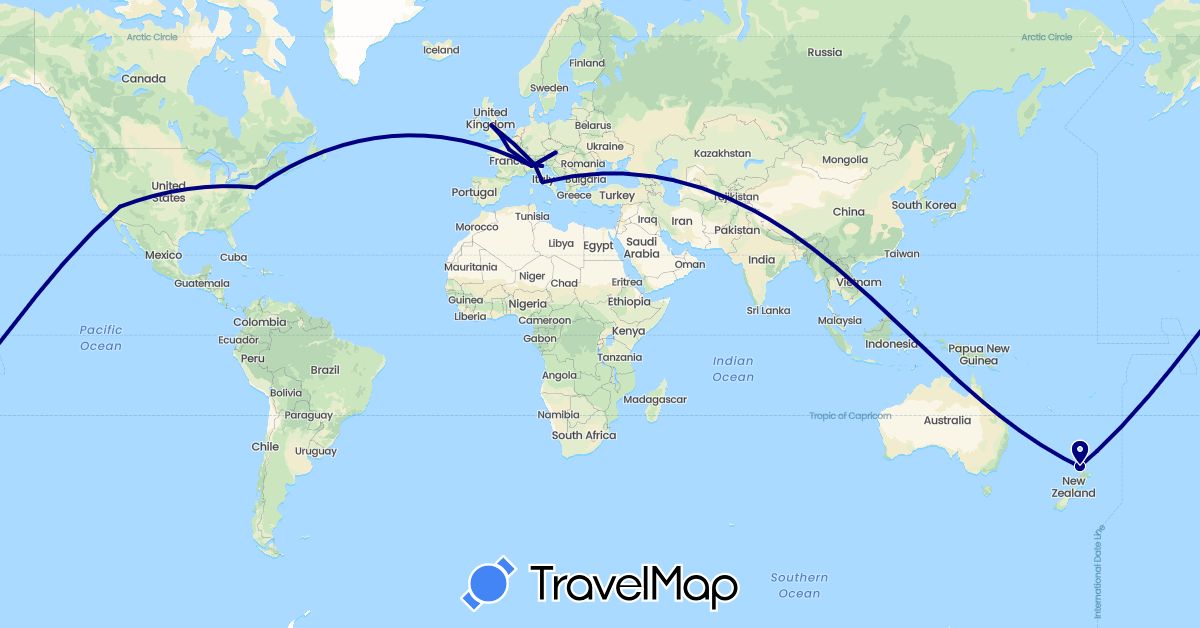 TravelMap itinerary: driving in Austria, France, United Kingdom, Italy, New Zealand, United States, Vatican City (Europe, North America, Oceania)